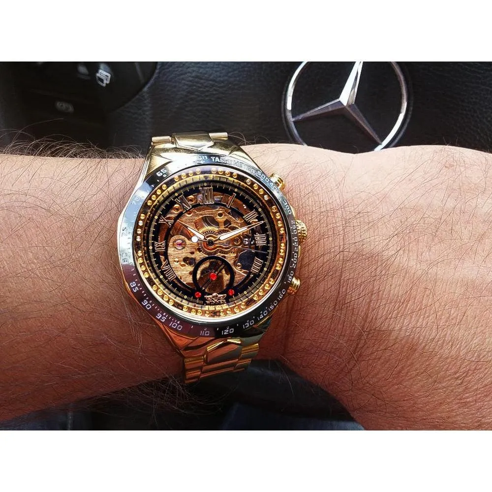 Top Brand Luxury Mechanical Sport Design Bezel Golden Automatic Skeleton Watch