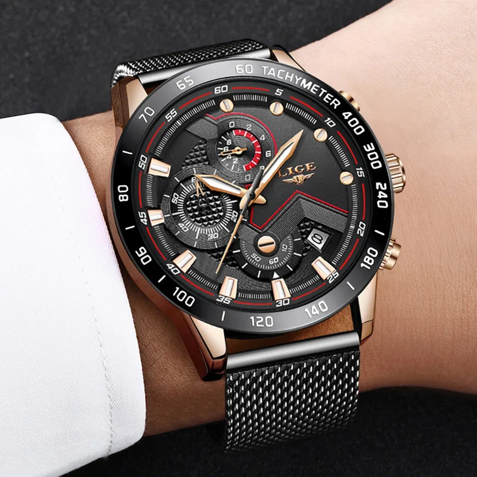 Top Fine Brand Luxury Style Mens Casual Mesh Belt Fashion Quartz Gold Watch Mens Watches Waterproof Clock Relogio Masculino
