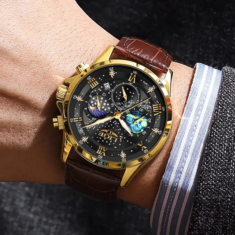 Top Luxury Brand Men Genuine Leather Date Quartz Watches