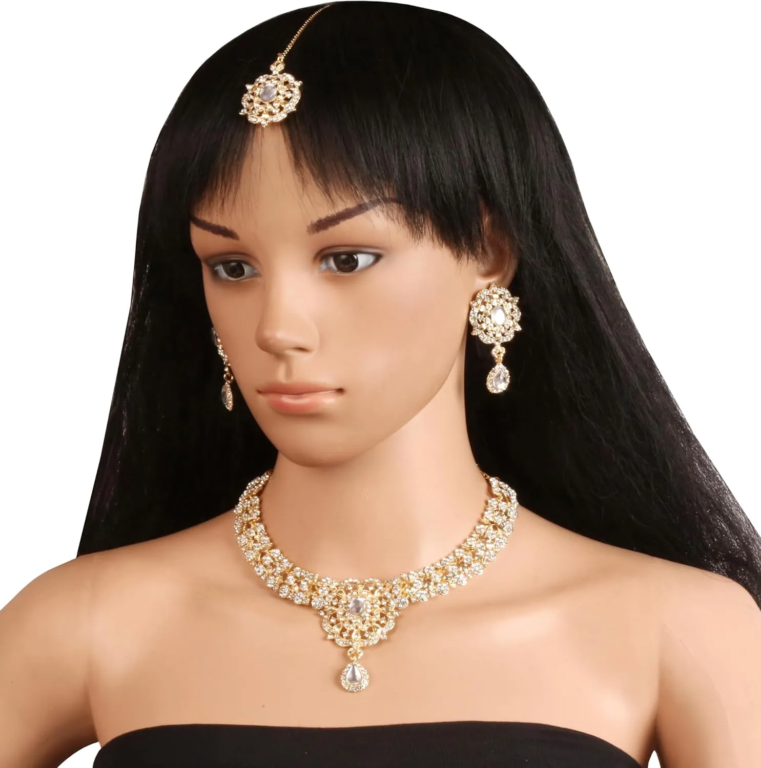 Touchstone Indian Bollywood Desire Enchanting Floral Diamond Studded Look Rhinestone Bridal Designer Jewelry Necklace Set In Gold or White Tone For Women.