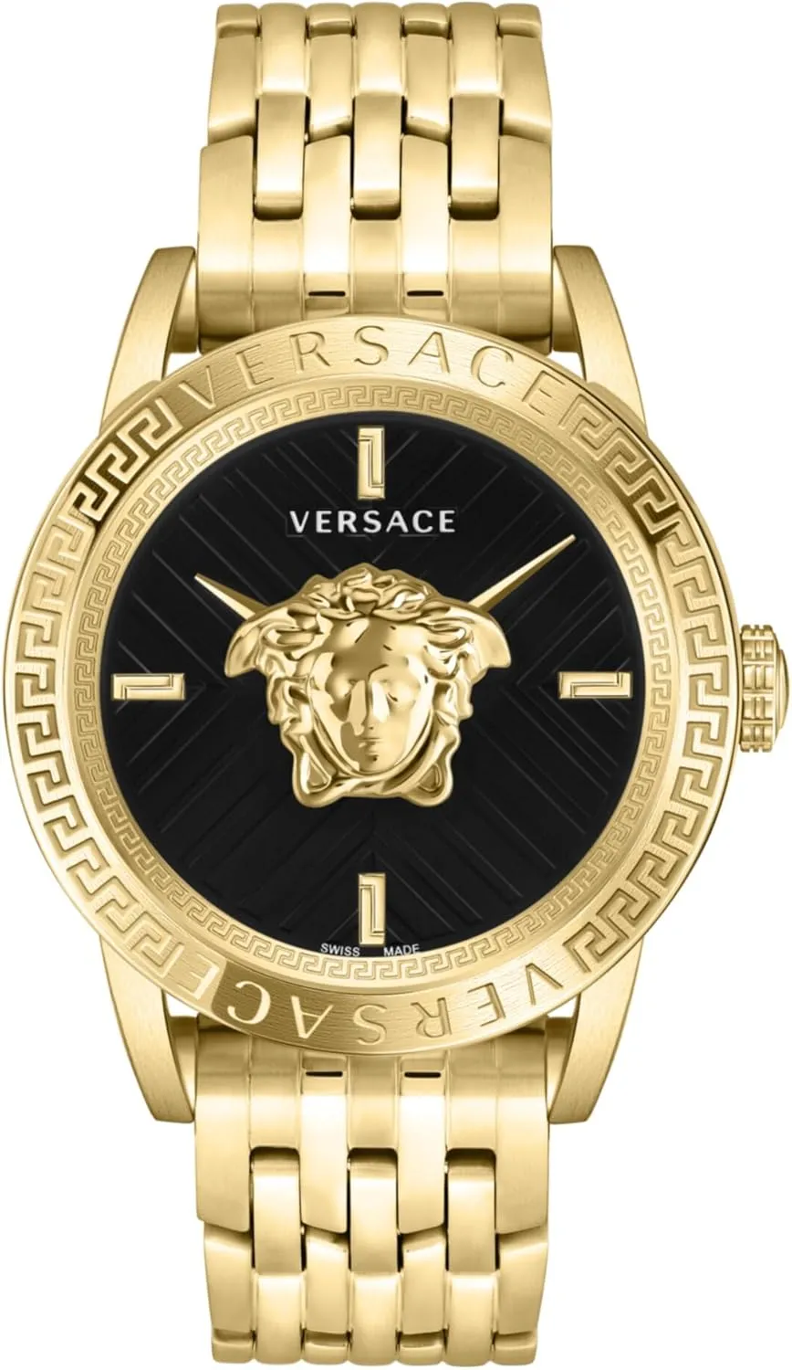 Versace V-Code Collection Luxury Mens Watch Timepieces with a Gold Bracelet Featuring a IP Yellow Gold Case and a Black Dial