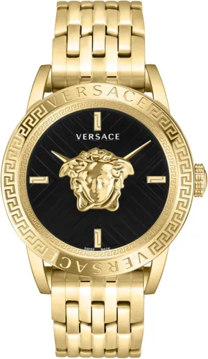Versace V-Code Collection Luxury Mens Watch Timepieces with a Gold Bracelet Featuring a IP Yellow Gold Case and a Black Dial