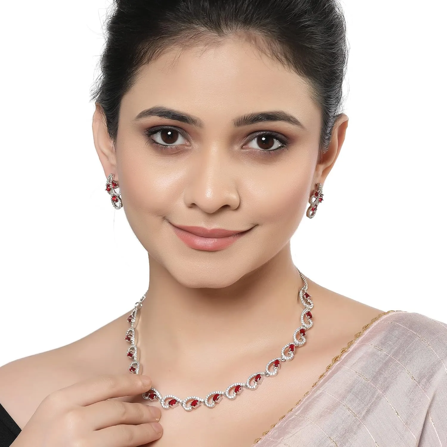 Women Rhodium-Plated with Silver-Toned Cubic Zirconia & American Diamond studded Necklace and Drop Earrings Jewellery Set
