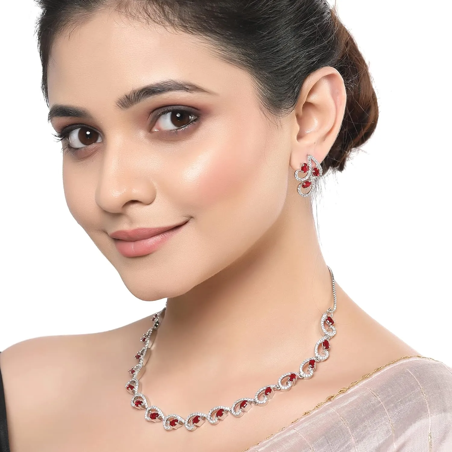Women Rhodium-Plated with Silver-Toned Cubic Zirconia & American Diamond studded Necklace and Drop Earrings Jewellery Set