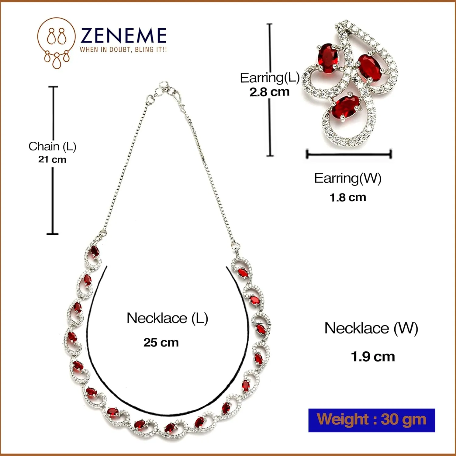 Women Rhodium-Plated with Silver-Toned Cubic Zirconia & American Diamond studded Necklace and Drop Earrings Jewellery Set