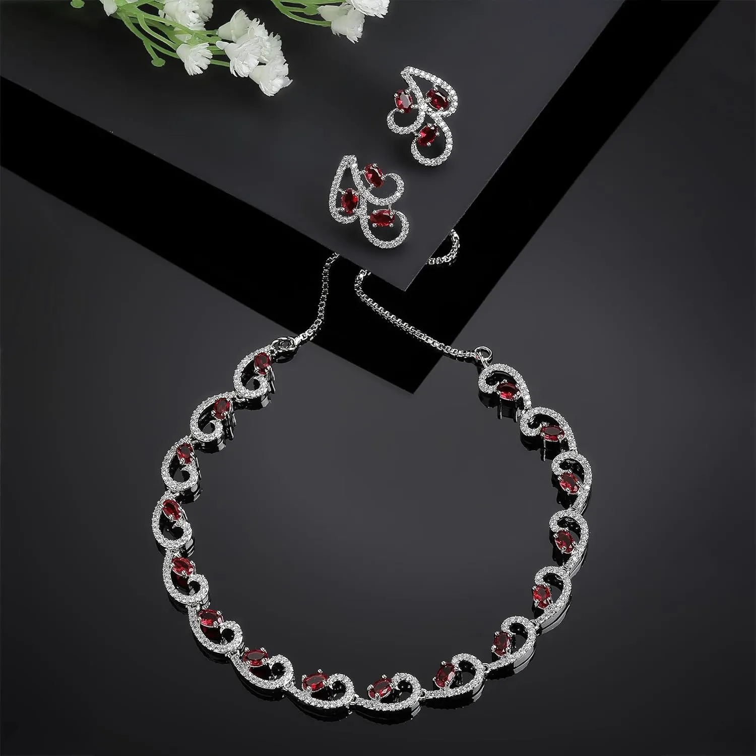 Women Rhodium-Plated with Silver-Toned Cubic Zirconia & American Diamond studded Necklace and Drop Earrings Jewellery Set