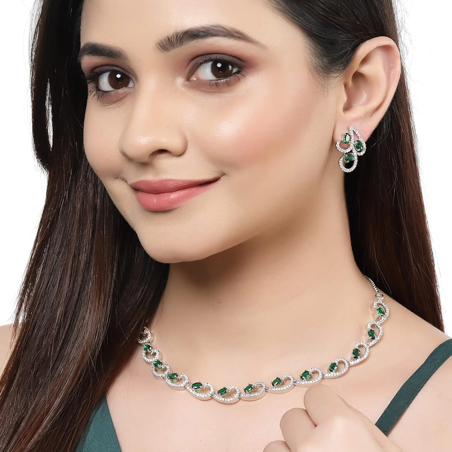 Women Rhodium-Plated with Silver-Toned Cubic Zirconia & American Diamond studded Necklace and Drop Earrings Jewellery Set