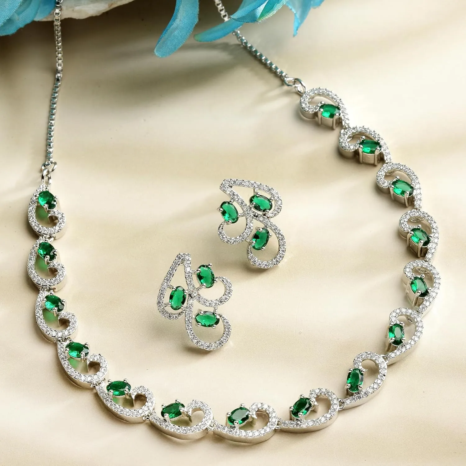 Women Rhodium-Plated with Silver-Toned Cubic Zirconia & American Diamond studded Necklace and Drop Earrings Jewellery Set
