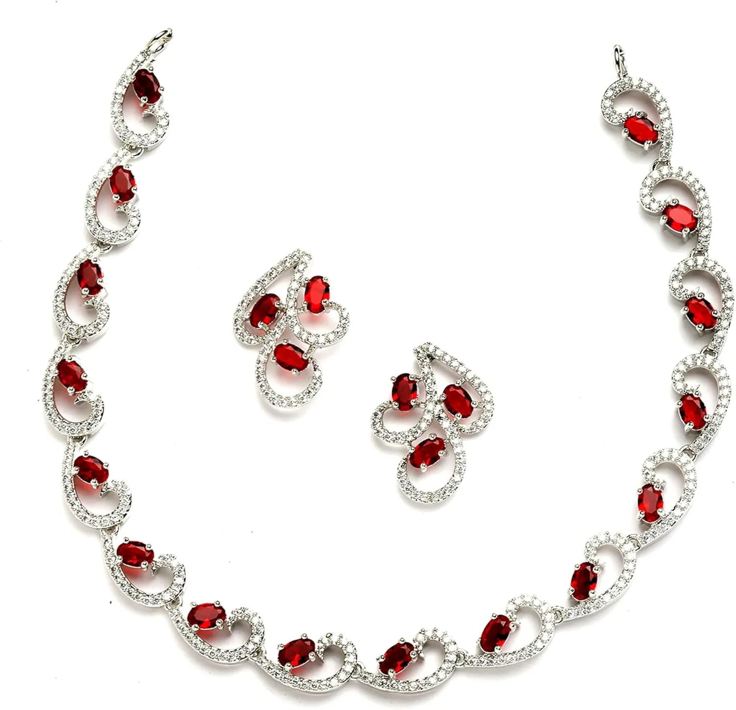 Women Rhodium-Plated with Silver-Toned Cubic Zirconia & American Diamond studded Necklace and Drop Earrings Jewellery Set