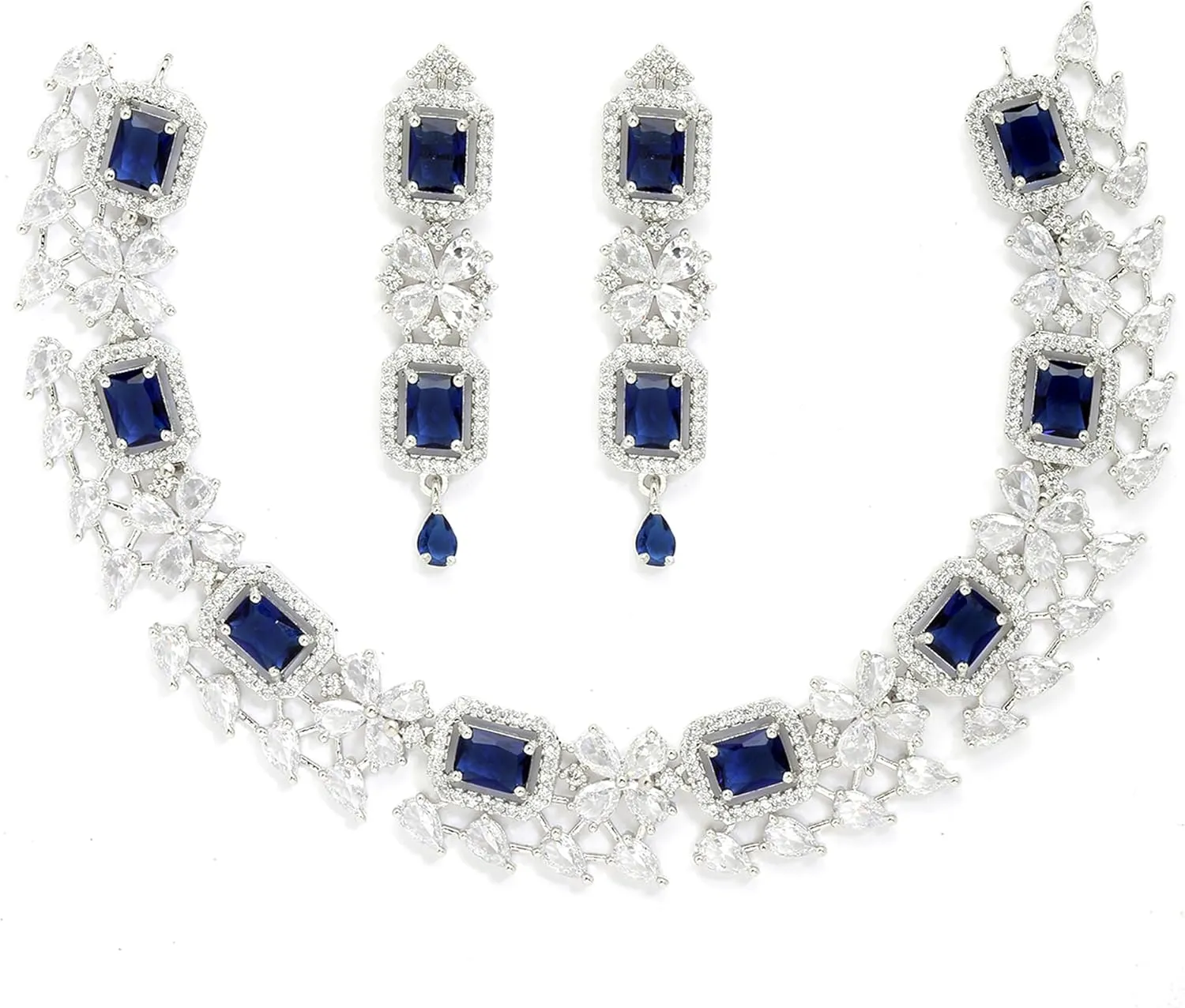 Women Rhodium-Plated with Silver-Toned Green and American Diamond Studded Necklace and Earrings Jewellery Set