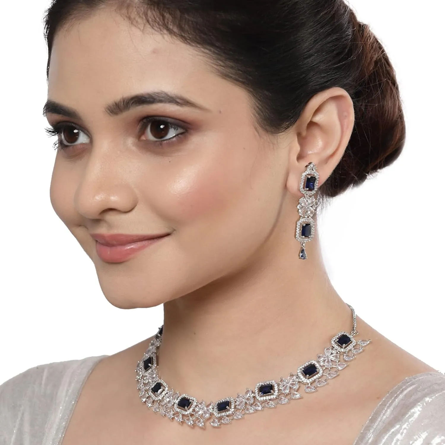 Women Rhodium-Plated with Silver-Toned Green and American Diamond Studded Necklace and Earrings Jewellery Set