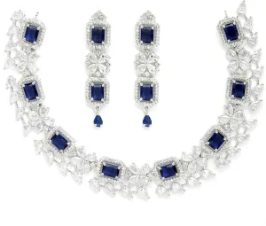 Women Rhodium-Plated with Silver-Toned Green and American Diamond Studded Necklace and Earrings Jewellery Set