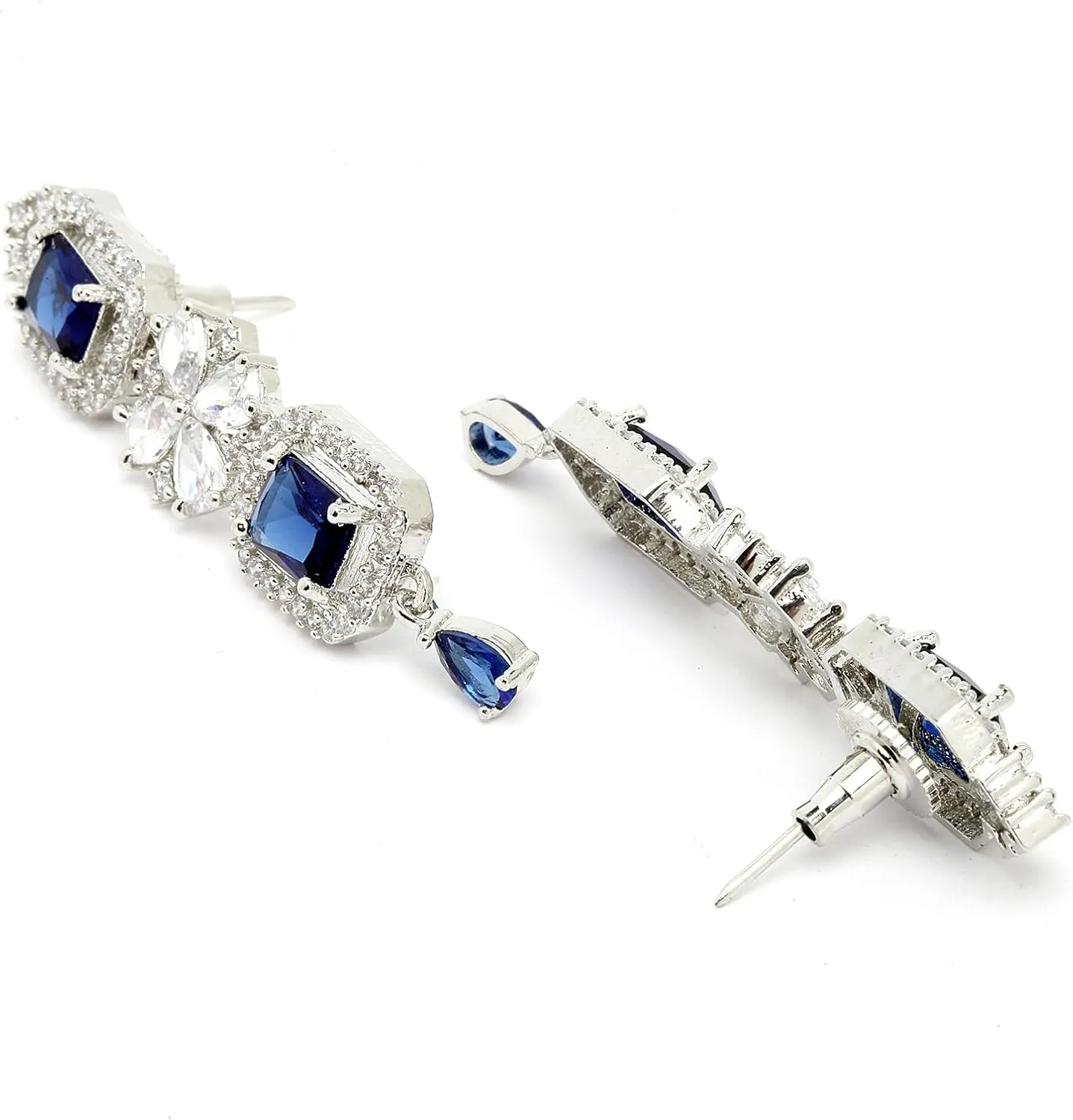 Women Rhodium-Plated with Silver-Toned Green and American Diamond Studded Necklace and Earrings Jewellery Set