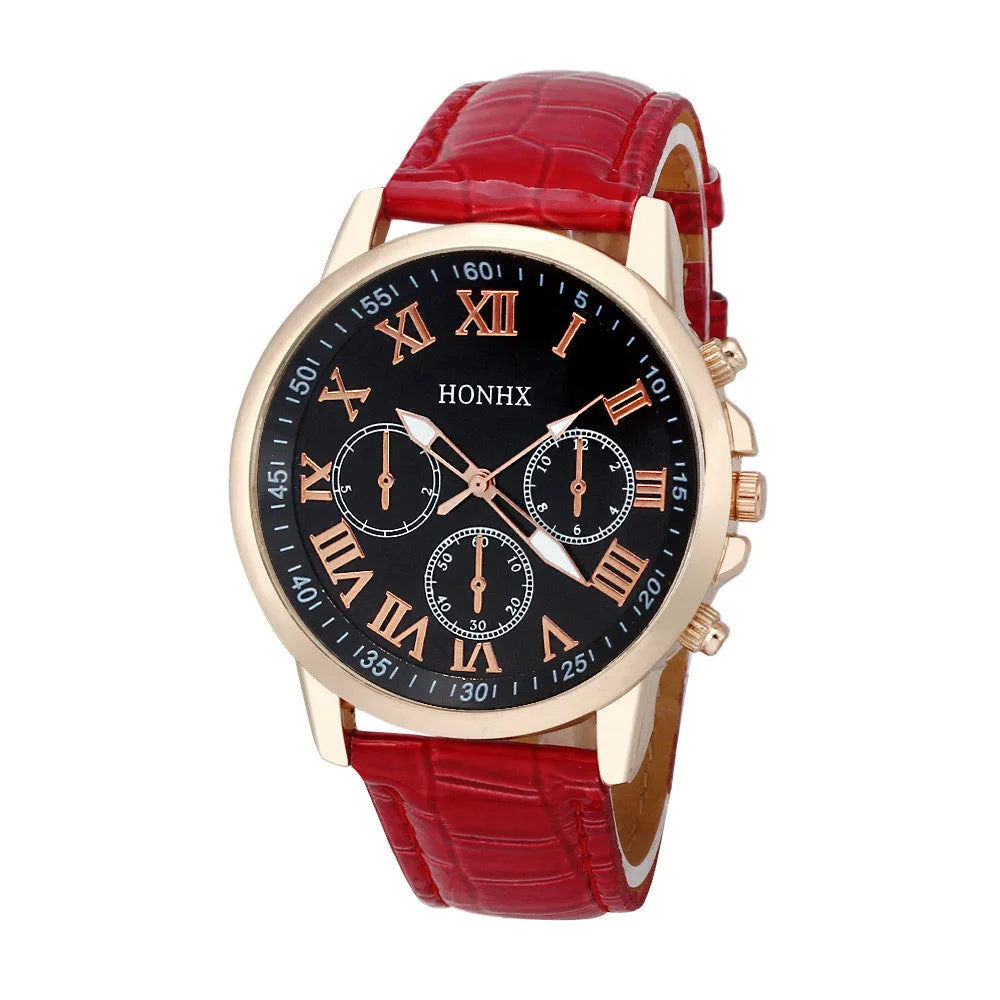 Womens Roman Numerals Faux Leather Analog Quartz Watch