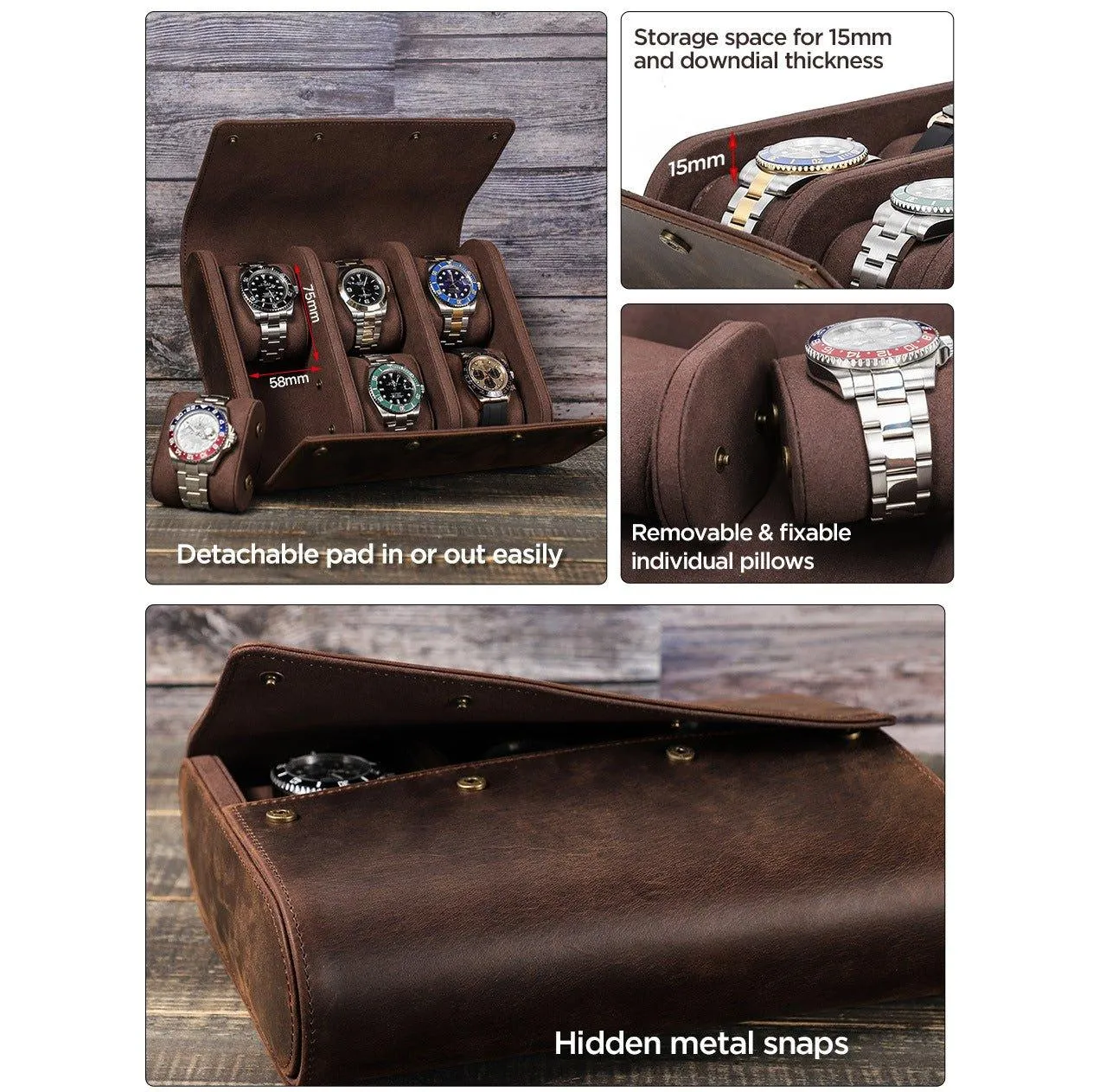 Woosir Leather Watch Roll Case for 6 Watches