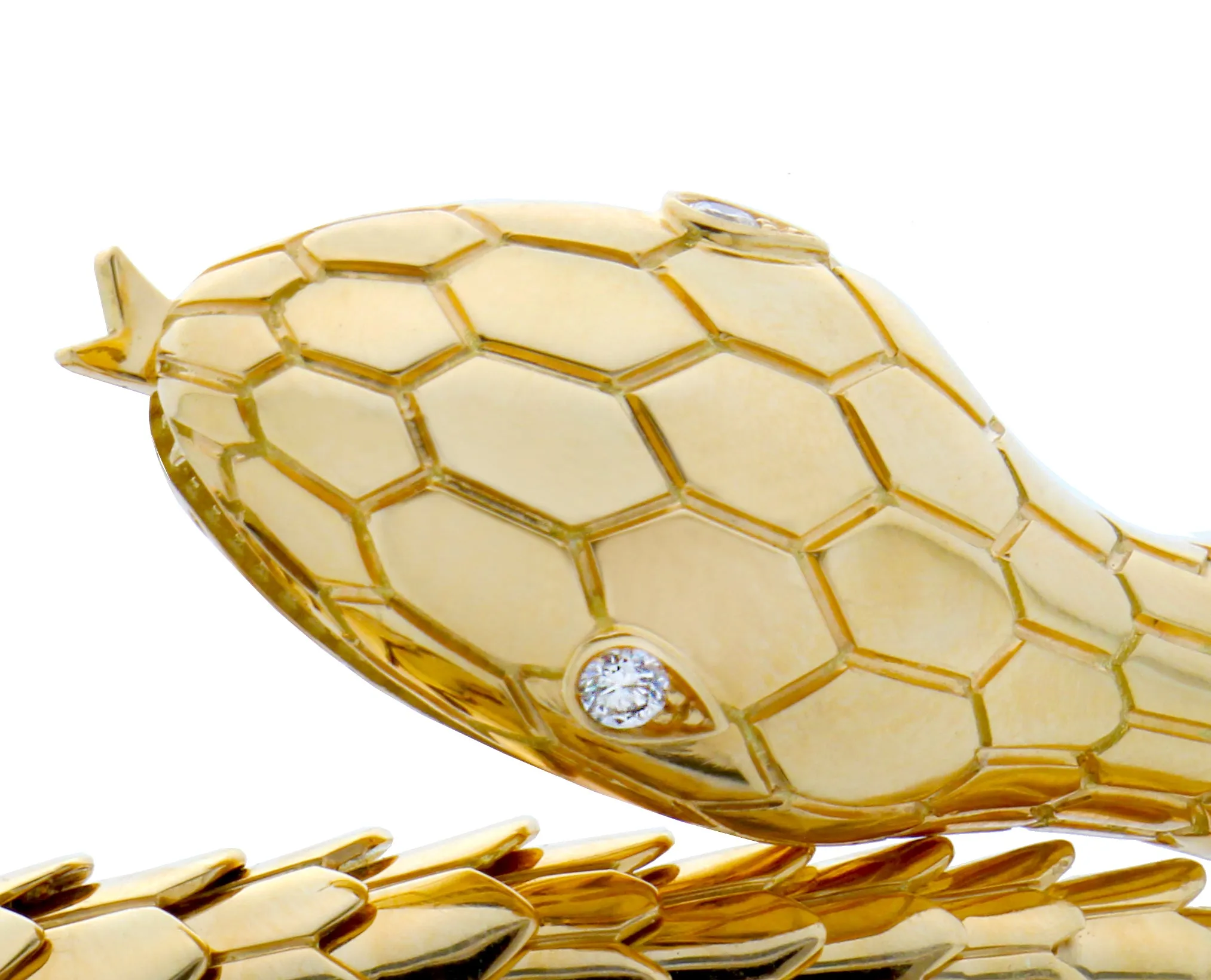 Yellow gold snake bracelet with diamond eyes and tail